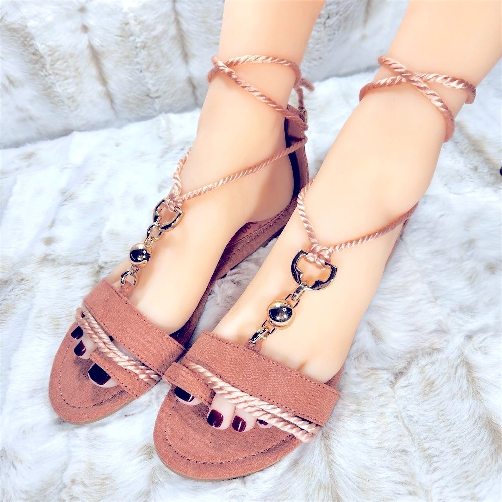 *So Me Mauve Pink Tie up Toe Strap Flat Sandals
